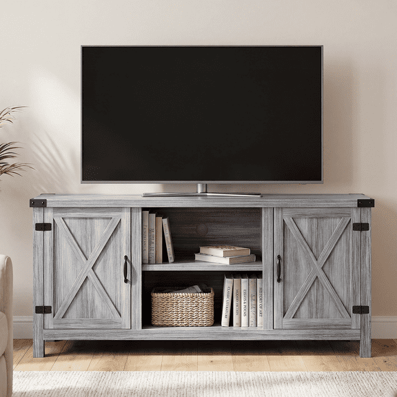 Homall Farmhouse TV Stand for 65 Inch TVs, Gray Wash Wood Entertainment Center with Storage Cabinet & Cable Management