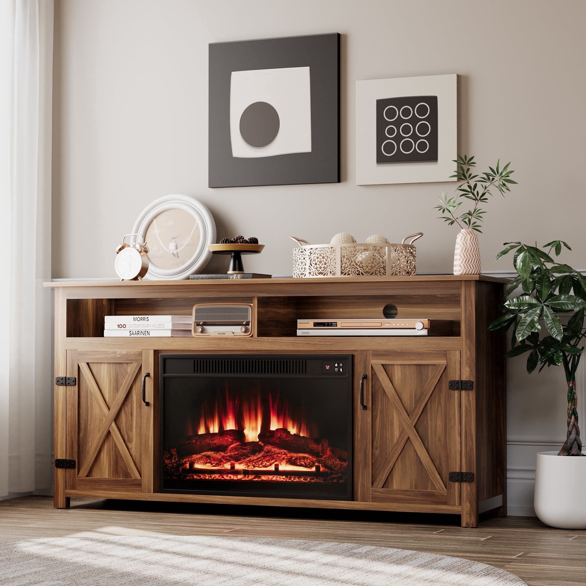 Homall Fireplace TV Stand Farmhouse TV Stand for TVs up to 65 inch with 26" Fireplace Rustic Multimedia Entertainment Center Media Console for Living Room with Barn Doors,Dark Brown
