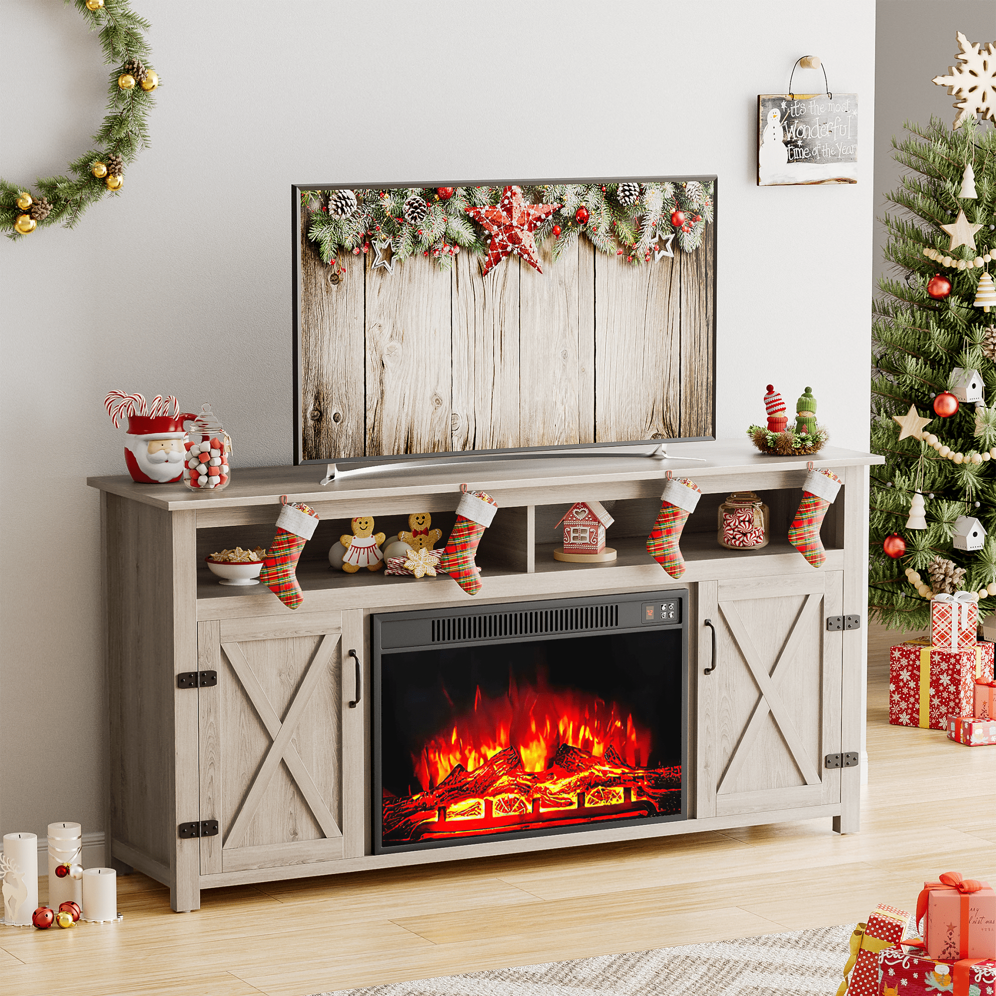 Farmhouse tv stand with fireplace 65 inch discount
