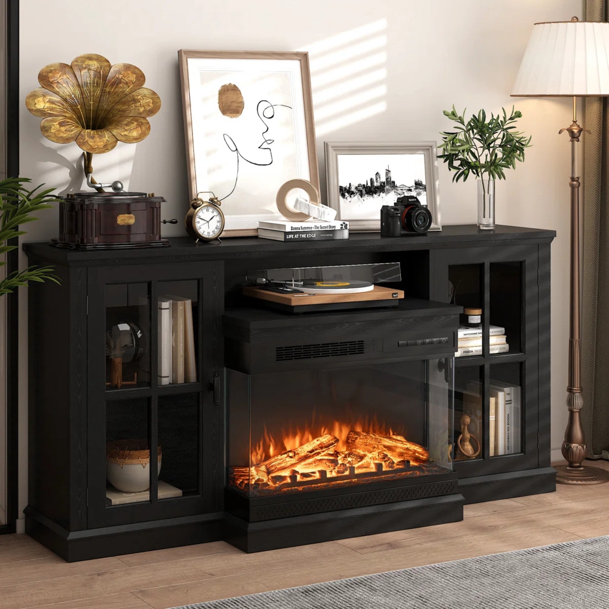 Homall Fireplace TV Stand for TVs up to 65" 3-Sided Glass Modern Media Entertainment Center with Cabniet Storage Adjustable Flame Color Fireplace,Black