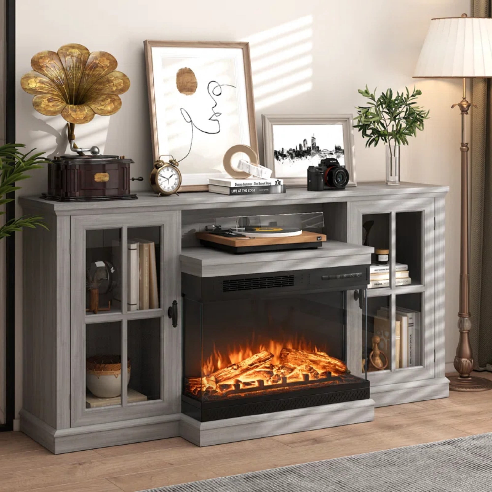 Homall Fireplace TV Stand for TVs up to 65" 3-Sided Glass Modern Media Entertainment Center with Cabniet Storage Adjustable Flame Color Fireplace,Gray