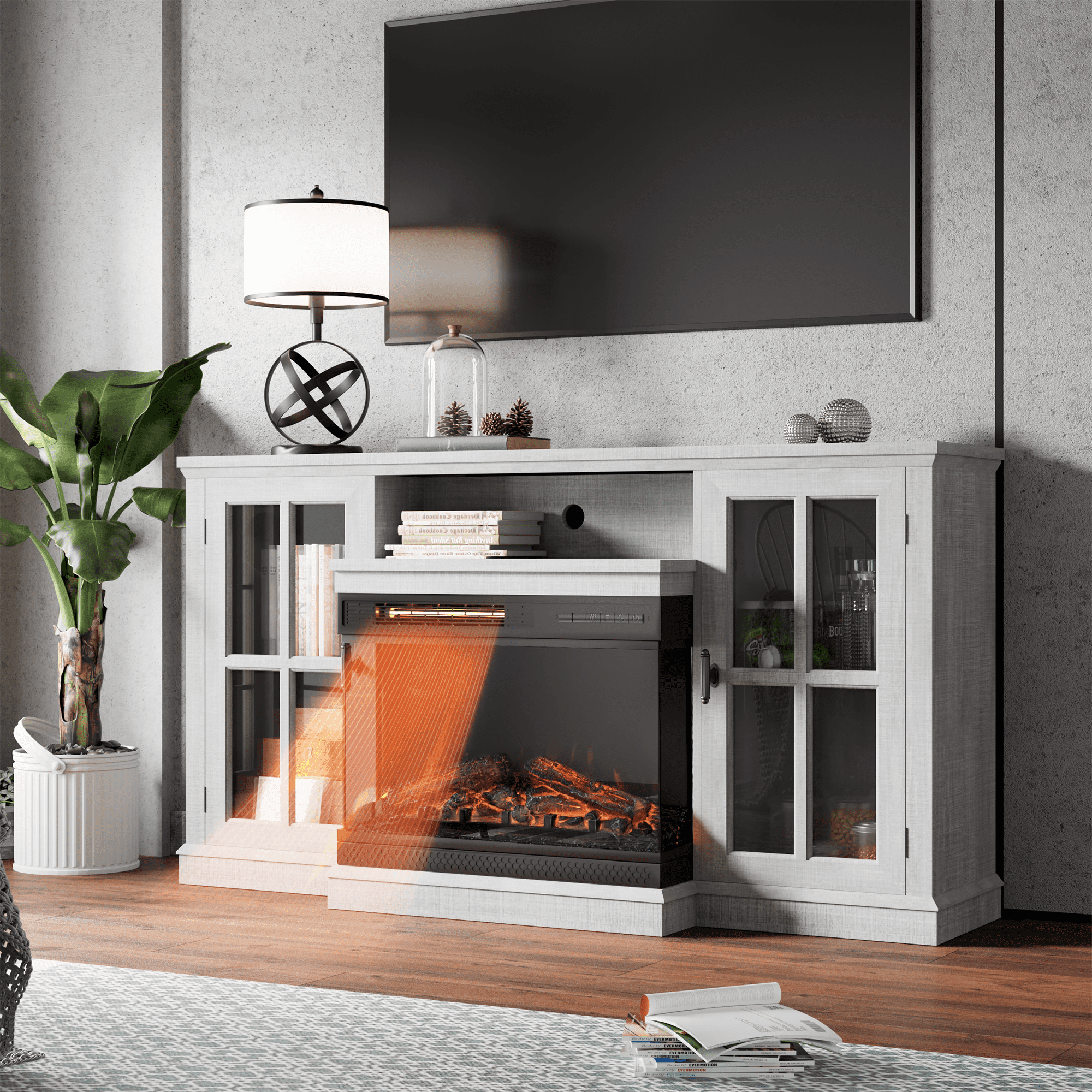 Homall Fireplace TV Stand for TVs up to 65 3 Sided Glass Modern Media Entertainment Center with Cabniet Storage Adjustable Flame Color