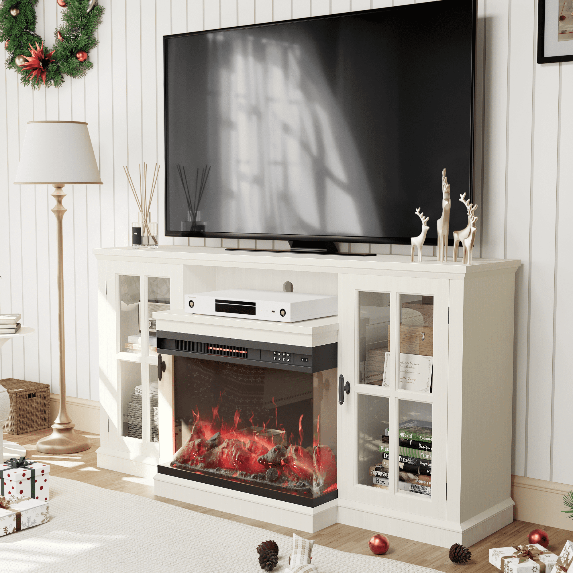 White 65-Inch TV Stand with Electric Fireplace and Cabinets