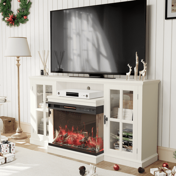 Homall Fireplace TV Stand for TVs up to 65" 3-Sided Glass Modern Media Entertainment Center with Cabniet Storage Adjustable Flame Color Fireplace,White