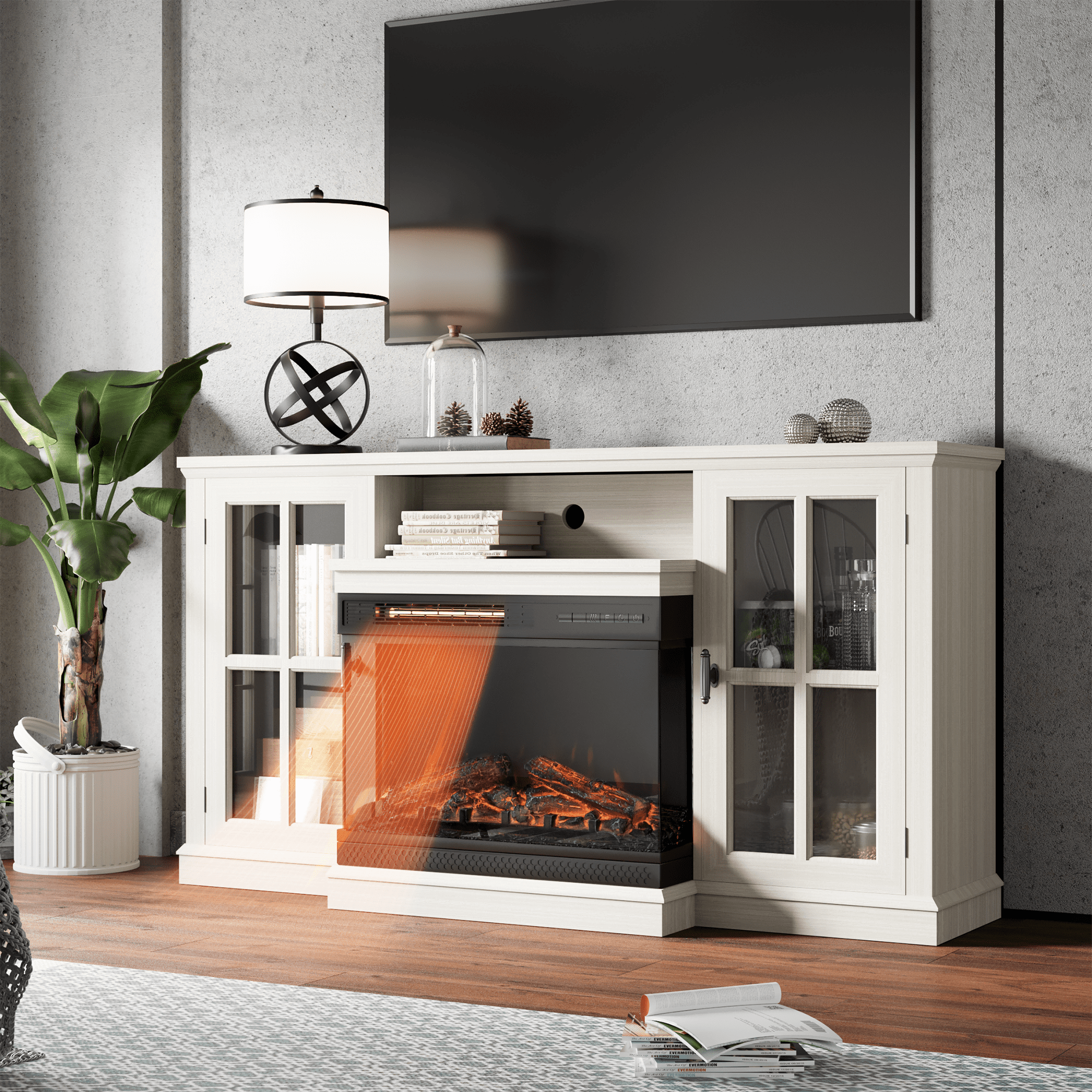 White 65-Inch TV Stand with Electric Fireplace and Cabinets