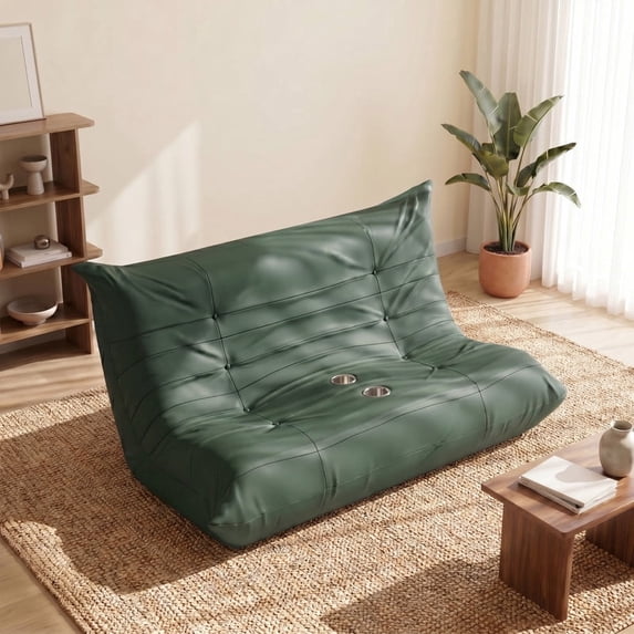 Homall Floor Sofa Bed, PU Leather Lazy Sofa, 2-Seater Floor Sofa Chair Lounge Chair with 2 Cup Holders for Living Room/Dorm Living Room, Green