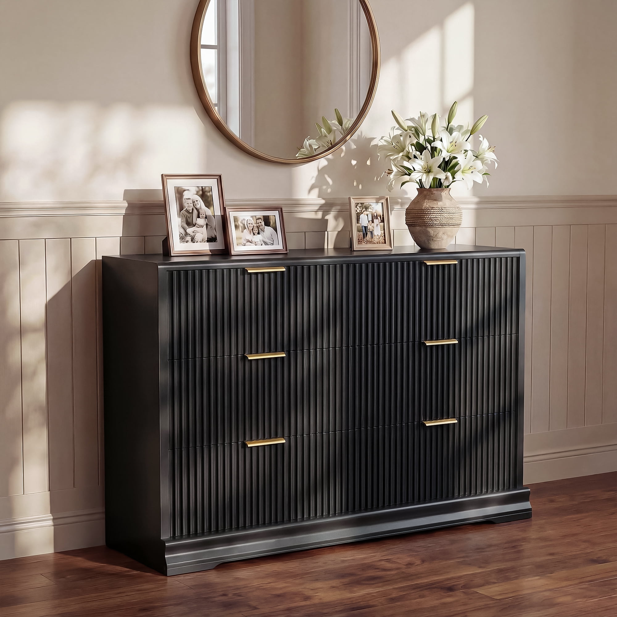 Homall Fluted 6 Drawers Dresser for Bedroom, 48" Modern Chest of Drawers with Metal Handle, Wood Closet Storage Organizer for Living Room, Black