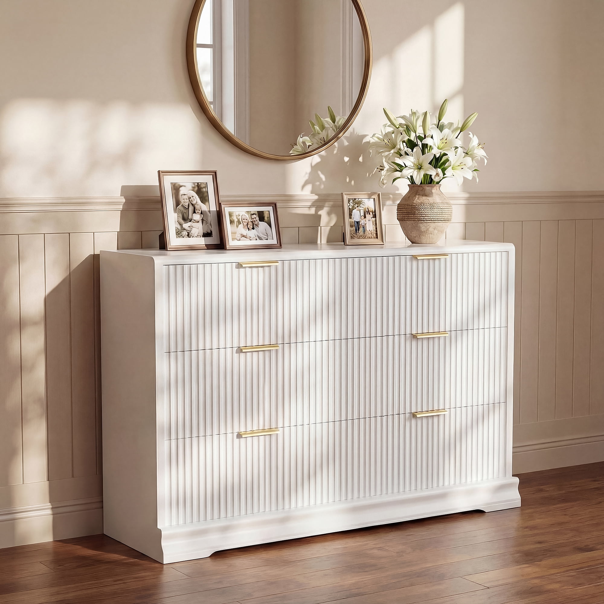modern fluted dresser Garvee Modern Fluted 7 Drawer Dresser with LED Lights & Charging Station, Wide Chest, Gold Handles, FruitTech Green
