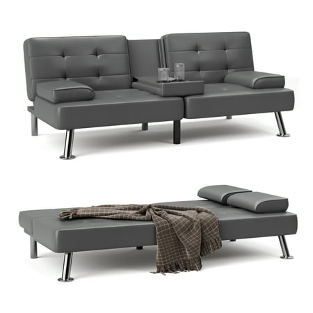 Homall Futon Sofa Bed Faux Leather Couch Modern Convertible Folding Recliner with 2 Cup Holders