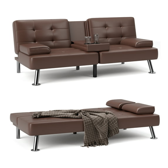Homall Futon Sofa Bed Faux Leather Couch Modern Convertible Folding Recliner with 2 Cup Holders