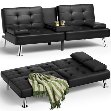 Homall Futon Sofa Bed, Leather Futon Couch with Removable Armrests, Adjustable Recliner Sleeper Sofa Bed with Dual Cup Holders for Living Room, Apartment, Office