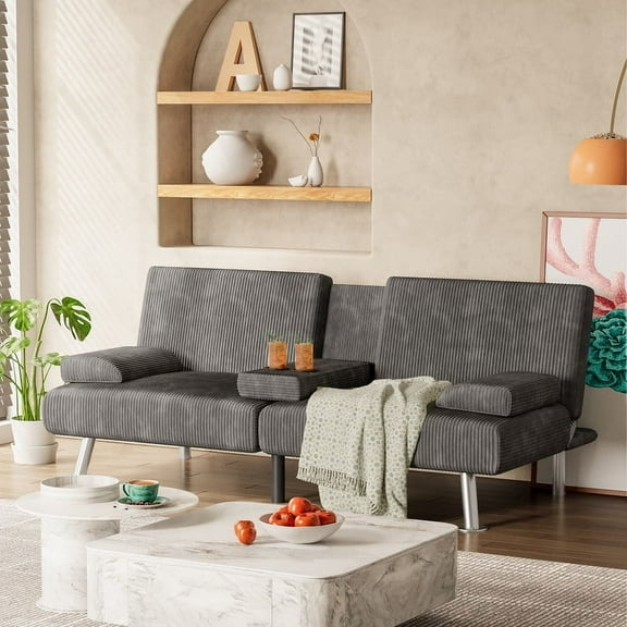 Homall Futon Sofa Bed with Armrests and Cup Holders,Adjustable Backrest Angles,Convertible bed,Gray