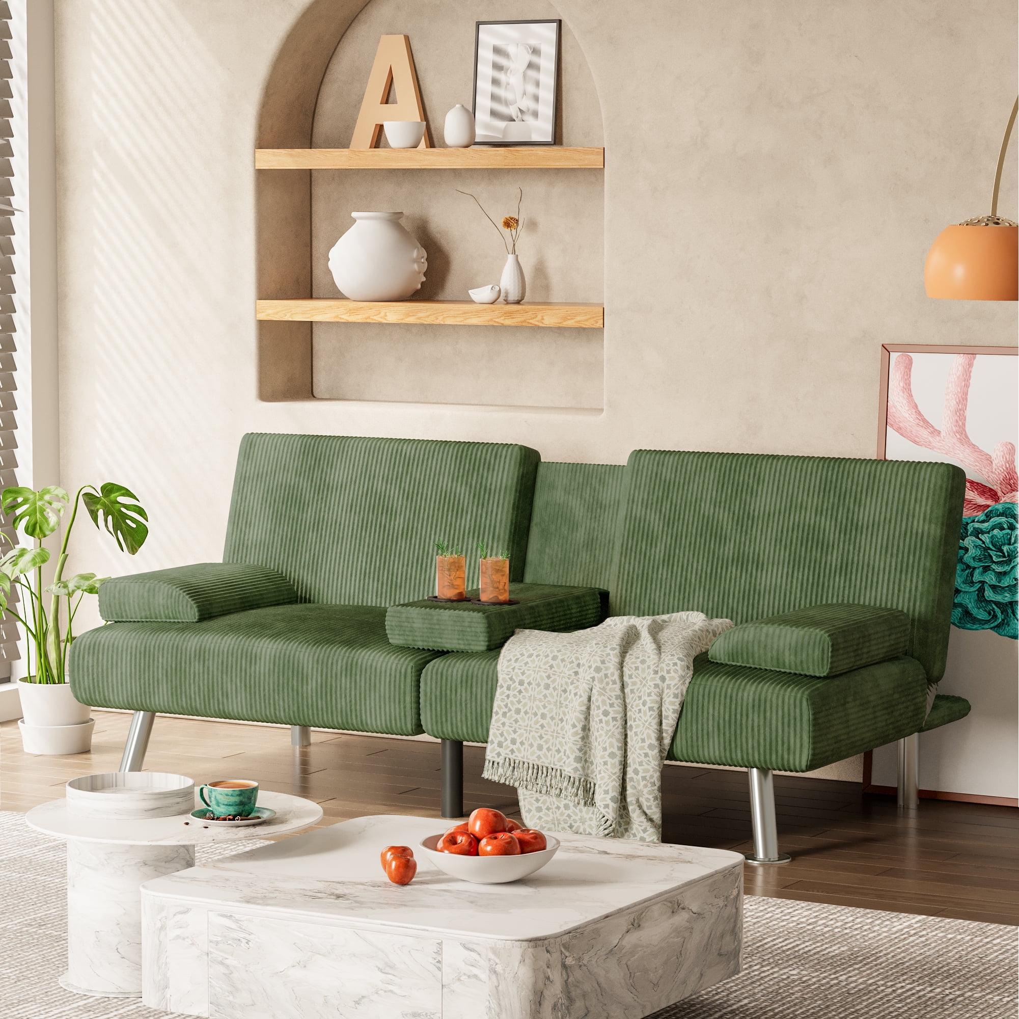 Homall  Futon Sofa Bed with Armrests and Cup Holders,  Adjustable Backrest Angles, Convertible bed, Green