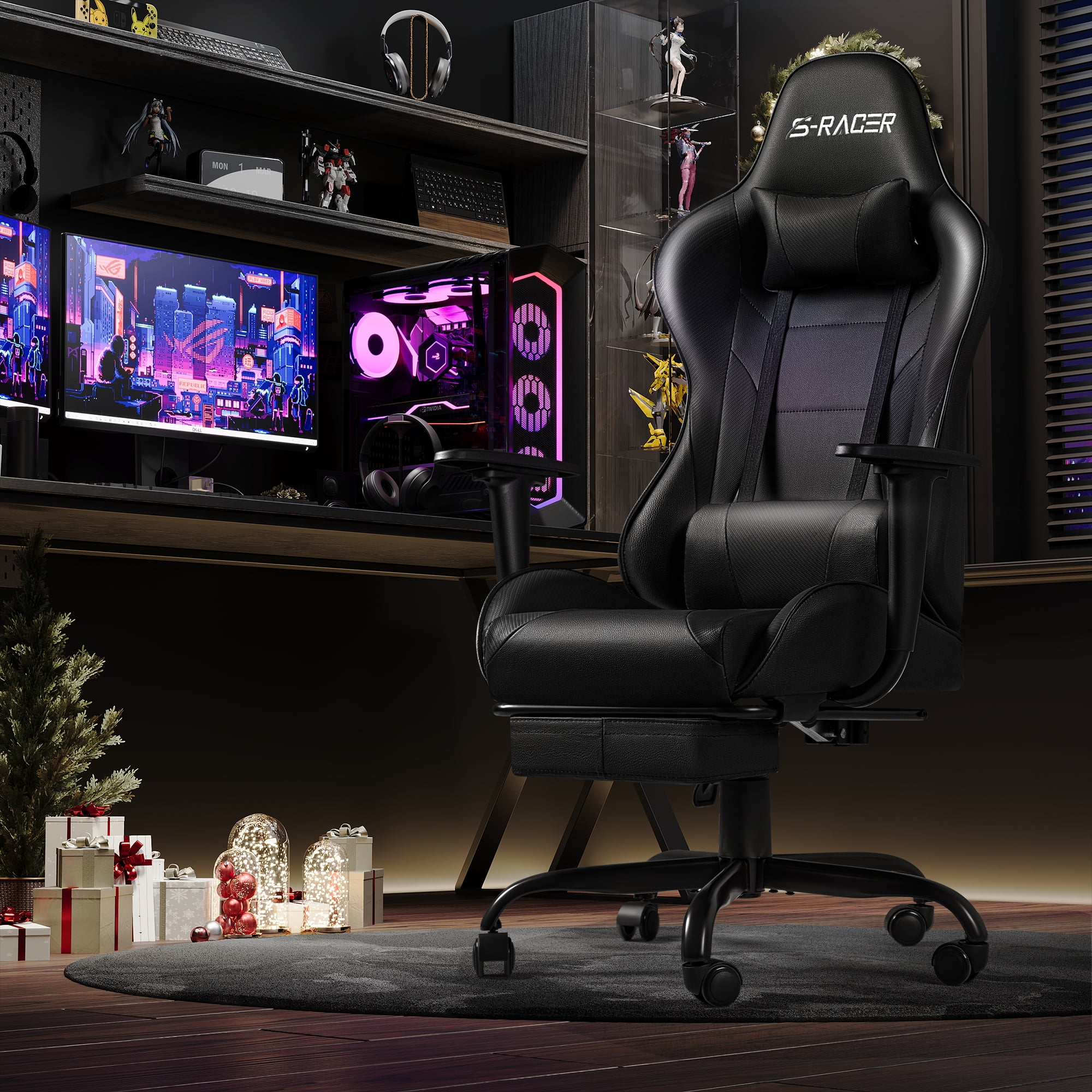 Homall Gaming Chair Massage Office Chair High Back PU Leather Chair with Footrest Black