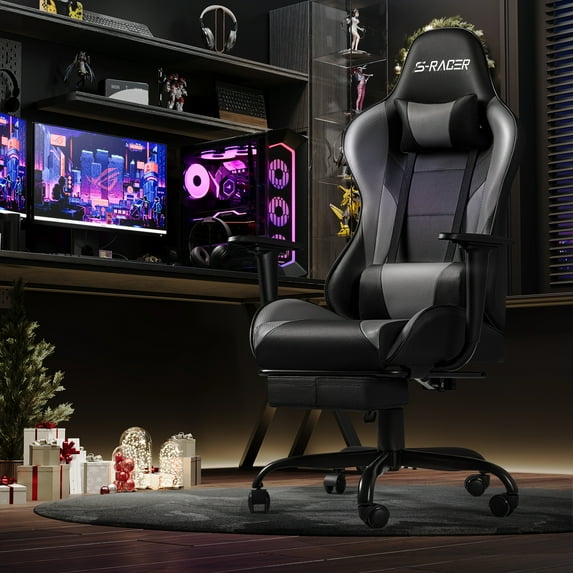 Homall Gaming Chair Massage Office Chair High Back PU Leather Chair with Footrest, Gray