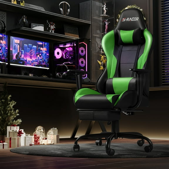 Homall Gaming Chair Massage Office Chair High Back PU Leather Chair with Footrest, Green