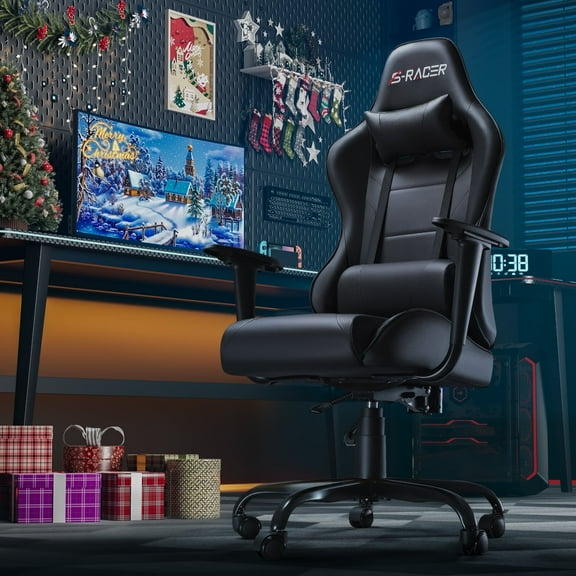 Homall Gaming Chair Office Chair High Back Racing Computer Chair PU Leather Adjustable Seat Height Swivel Chair Ergonomic Executive Chair with Headrest, Black