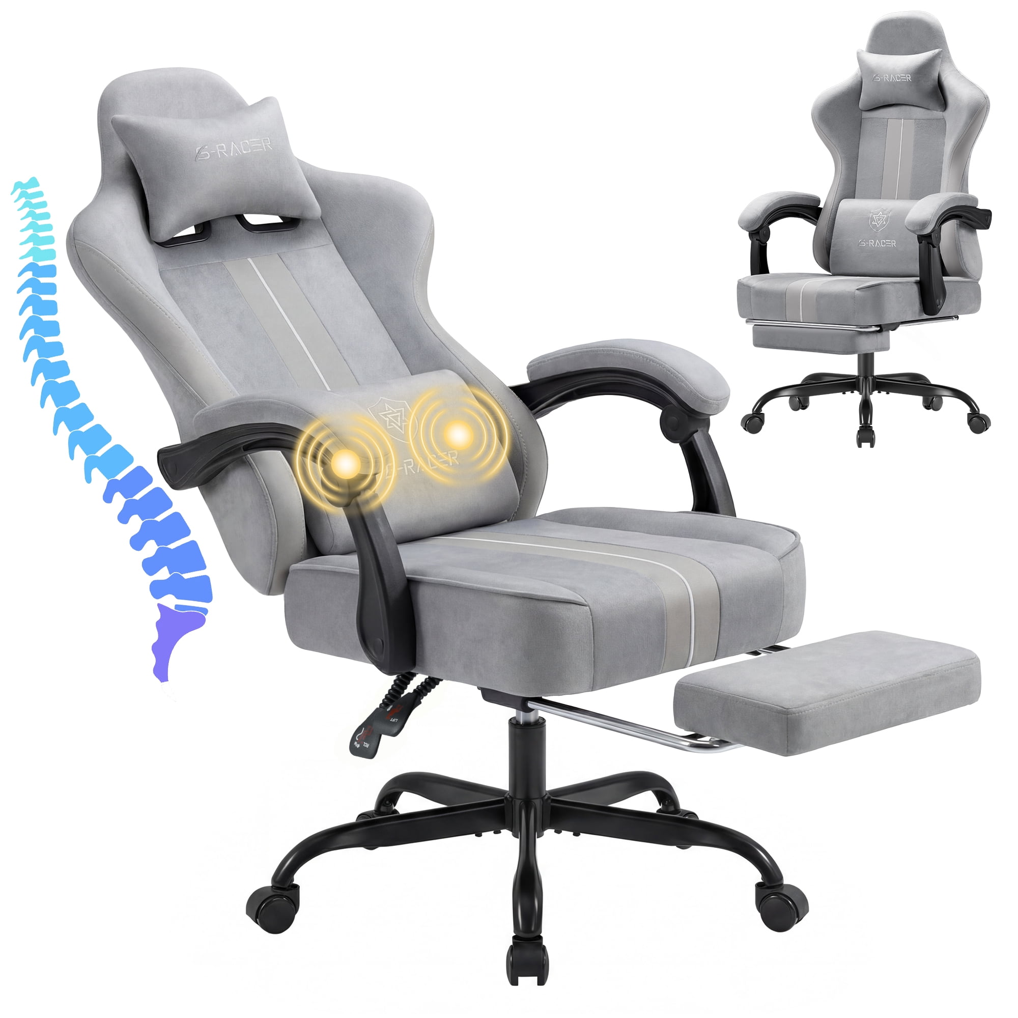 Homall Gaming Chair Velvet Fabric Video Game Chair with Massage & Footrest, Ergonomic Racing Chair for Adult, Gray