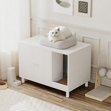 Homall Hidden Cat Litter Box Enclosure with Scratching Mat Multi-Functional Cat Litter Box Wooden Cat Washroom Furniture, White