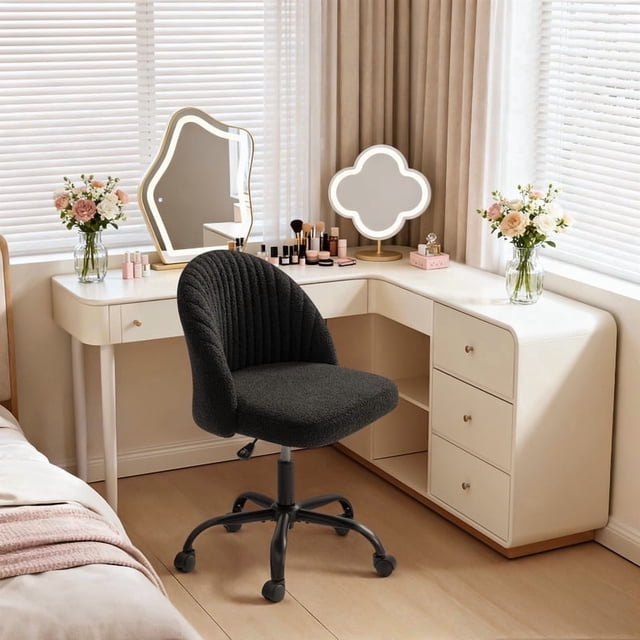 Homall Home Office Chair Adjustable Vanity Chairs Mid Back Rolling Task Chairs for Bedroom, Living Room or Study,Teddy Velvet,Black