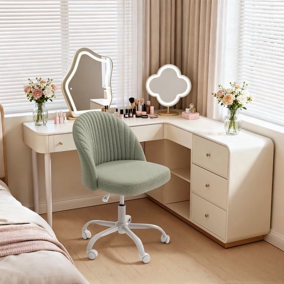 Homall Home Office Chair Adjustable Vanity Chairs Mid Back Rolling Task Chairs for Bedroom, Living Room or Study,Teddy Velvet,Green