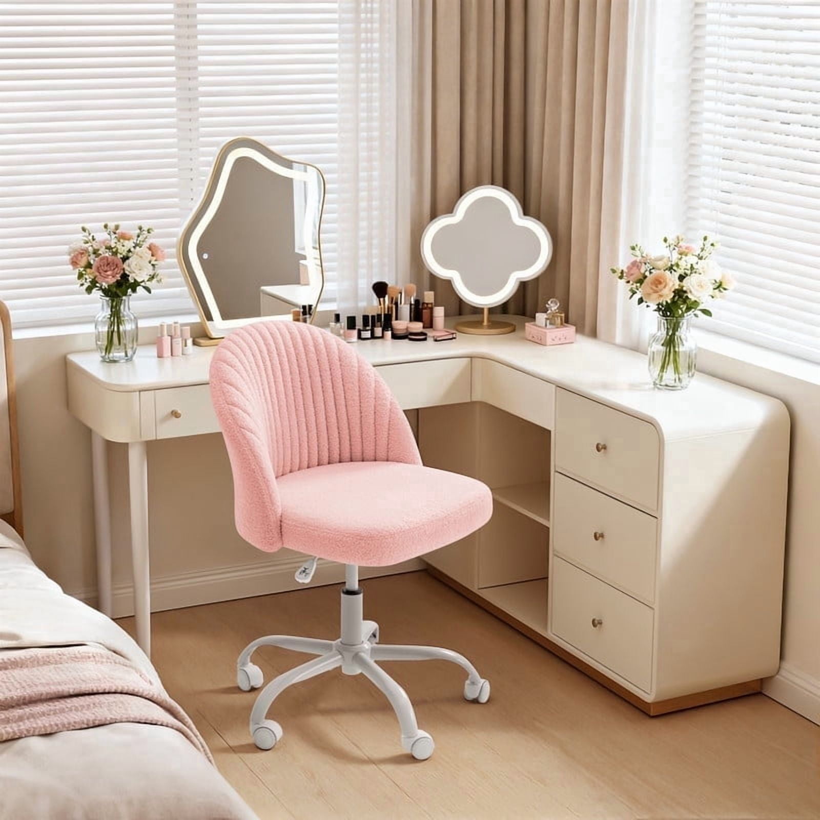 Homall Home Office Chair Adjustable Vanity Chairs Mid Back Rolling Task Chairs for Bedroom, Living Room or Study,Teddy Velvet,Pink