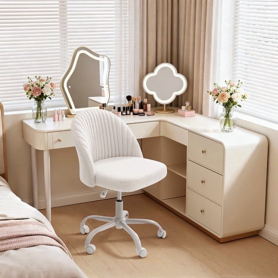 Homall Home Office Chair Adjustable Vanity Chairs Mid Back Rolling Task Chairs for Bedroom, Living Room or Study,Teddy Velvet,White