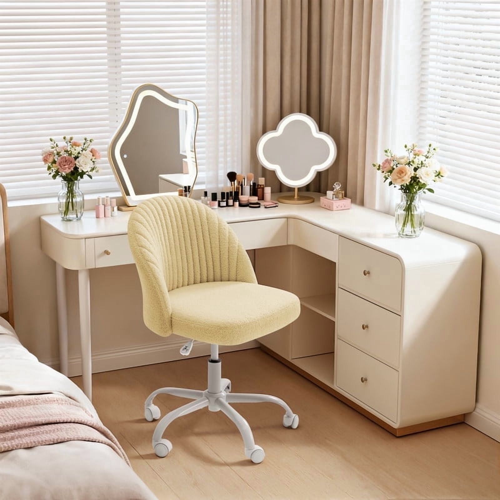 Homall Home Office Chair Adjustable Vanity Chairs Mid Back Rolling Task Chairs for Bedroom, Living Room or Study,Teddy Velvet,Yellow