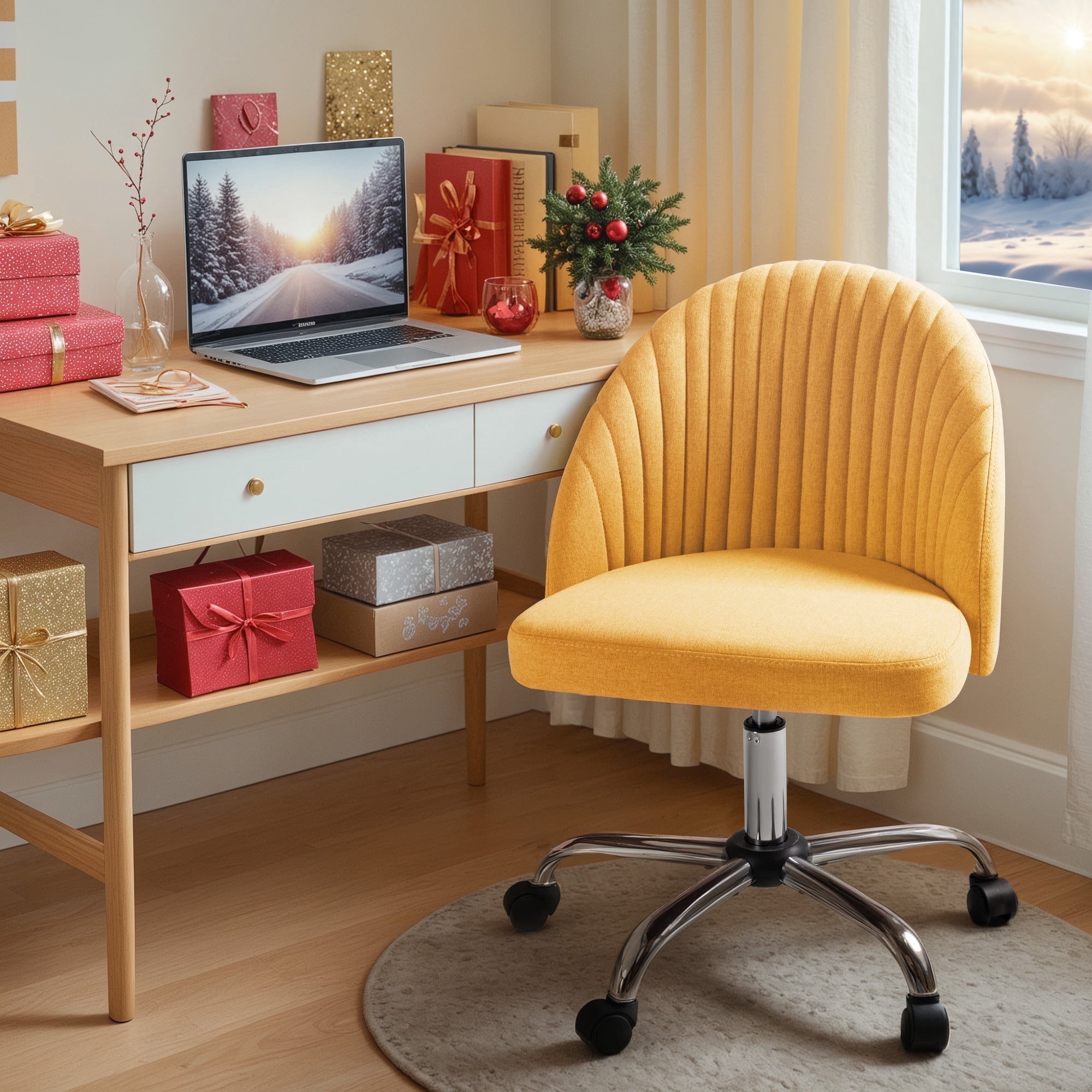 Homall Home Office Chair Adjustable Vanity Chairs Mid Back Rolling Task Chairs for Bedroom, Living Room or Study, Yellow