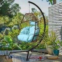 Homall Indoor Outdoor Patio Wicker Swing Egg Chair Hammock Chair Hanging Chair UV Resistant Cushions with Stand for Patio Porch Lounge Bedroom Balcony Garden Backyard, Blue