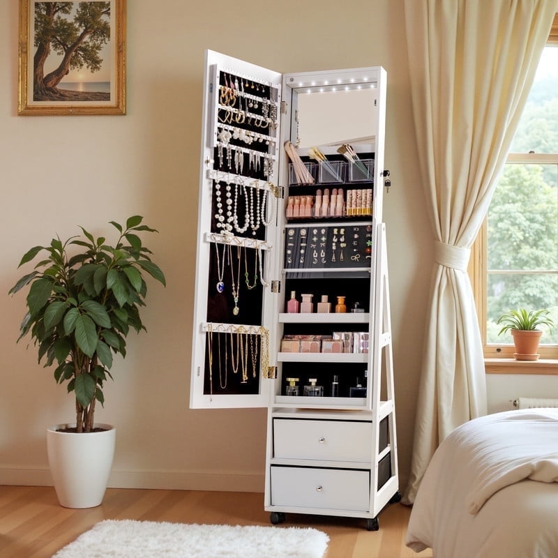 Homall Jewelry Armoires Cabinet With LED Mirror Wheels Lockable Standing Storage Box with 2 Drawers, White
