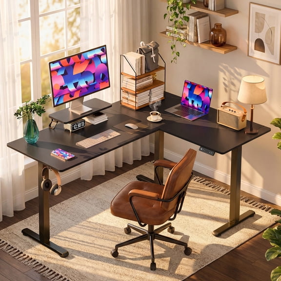 Homall L-Shaped Electric Standing Desk with Monitor Stand, 63 x 48 inch Height Adjustable Sit Stand Corner Desk, Computer Workstation for Home Office, Black
