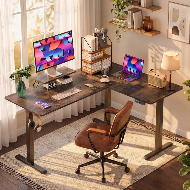 Homall L-Shaped Electric Standing Desk with Monitor Stand, 63 x 48 inch Height Adjustable Sit Stand Corner Desk, Computer Workstation for Home Office, Vintage