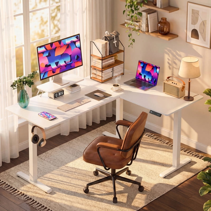 Homall L-Shaped Electric Standing Desk with Monitor Stand, 63 x 48 inch Height Adjustable Sit Stand Corner Desk, Computer Workstation for Home Office, White