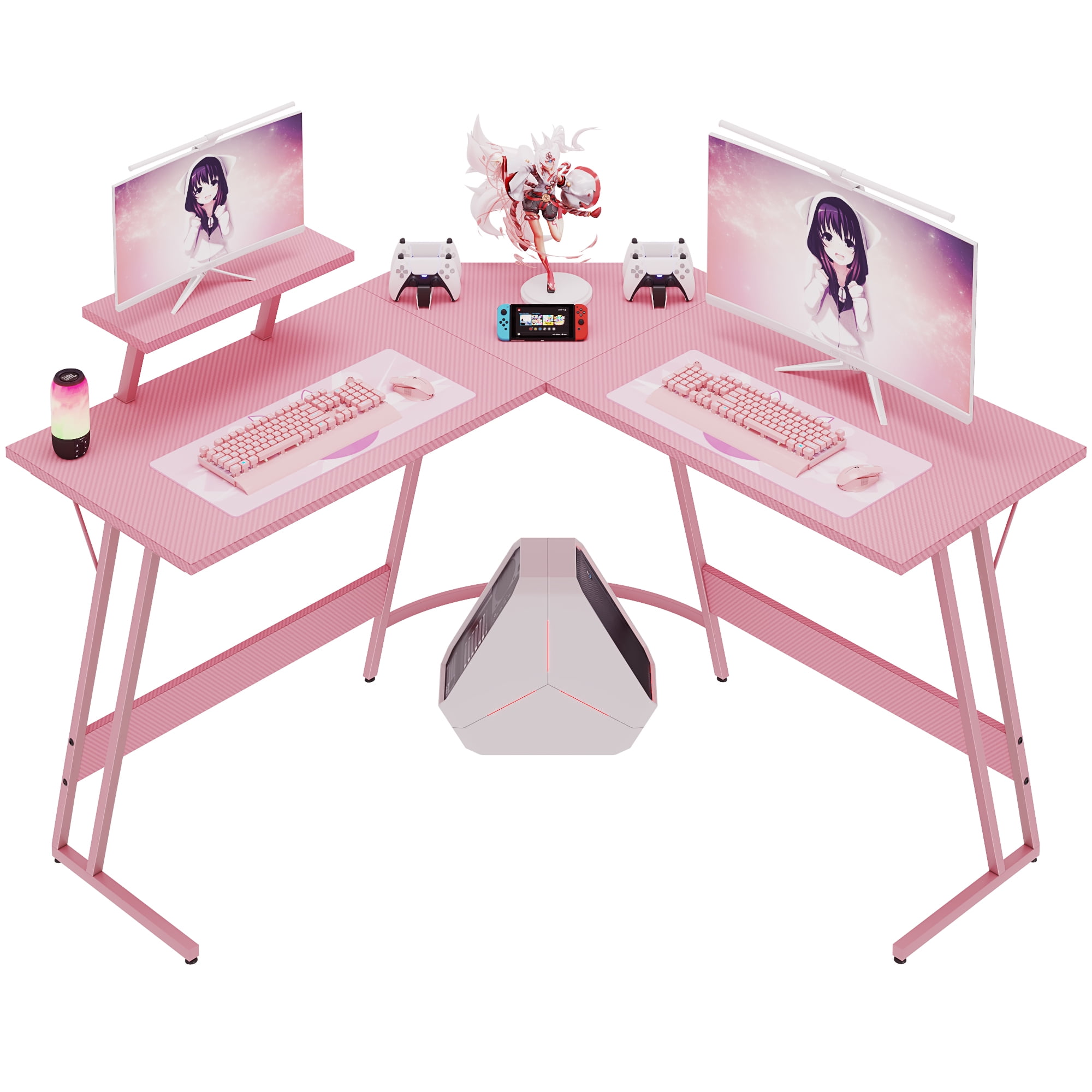 Pink Gaming Desk L Shaped, Gamer Desk Gaming Table with Carbon