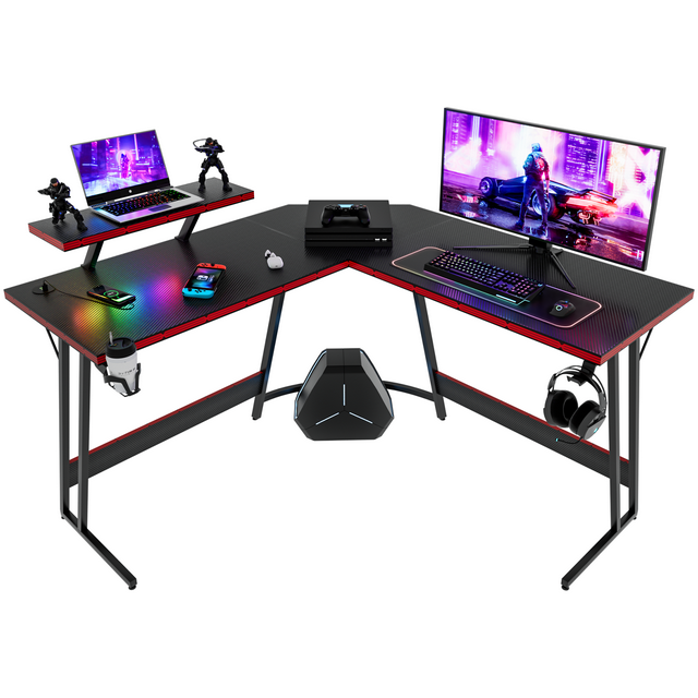 Homall 51'' Carbon Fiber LShaped Gaming Desk, Removable Stand, LED Strip & Power Outlets, Black