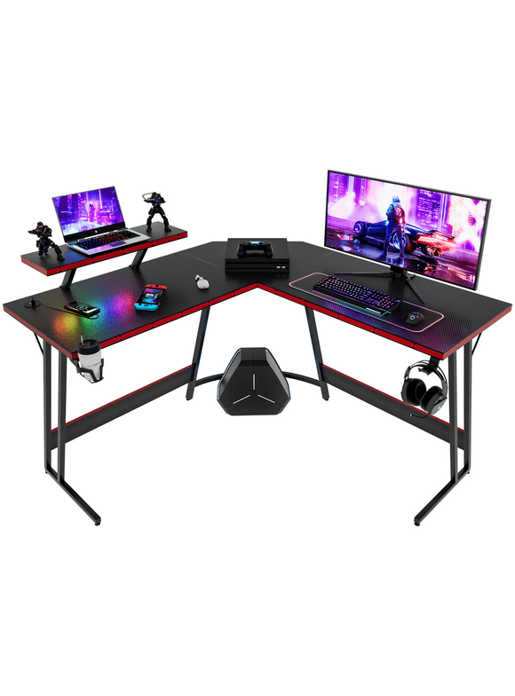 Homall L-Shaped Gaming Desk 51 Inches Corner Office Gaming Desk Removable Monitor Riser Desk with LED Strip & Power Outlets, Black