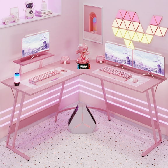 Homall L-Shaped Gaming Desk 58 Inches Corner Office Gaming Desk with Removable Monitor Riser, Pink