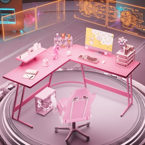 Homall L-Shaped Gaming Desk 58 Inches Corner Office Desk with Removable Monitor Riser, Pink