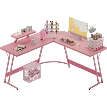 Homall L-Shaped Gaming Desk 58 Inches Corner Office Desk with Removable Monitor Riser, Pink