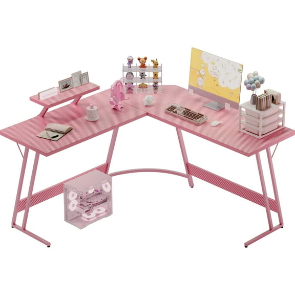 Homall L-Shaped Gaming Desk 58 Inches Corner Office Desk with Removable Monitor Riser, Pink
