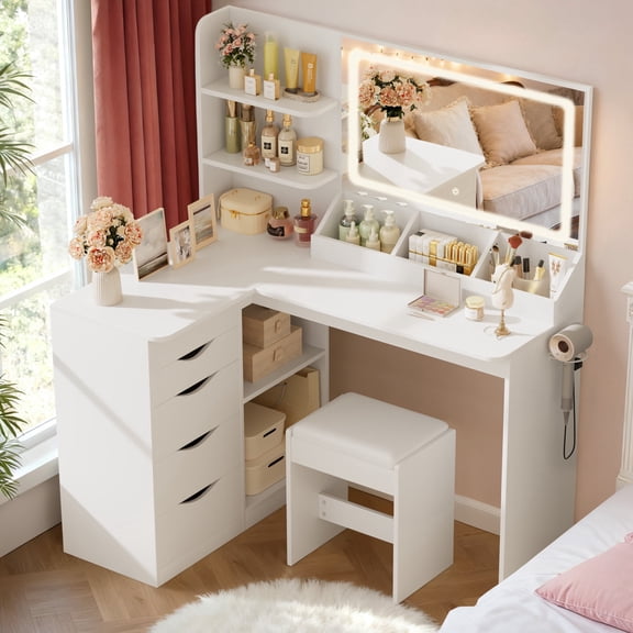 Homall L-Shaped Vanity Set with LED Mirror, Power Outlet, Makeup Vanity Desk with 2 Shelves, 5 Drawers & 1 Seat, Dressing Table for Bedroom Girls Women, White(2 boxes)
