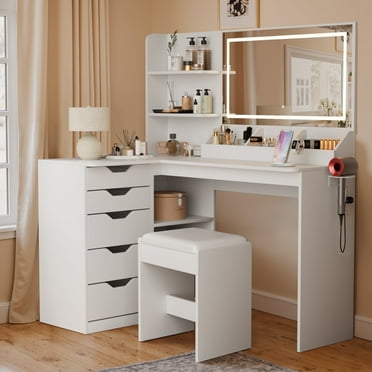 Homall L-Shaped Vanity Set with LED Mirror, Power Outlet, Makeup Vanity Desk with 2 Shelves, 5 Drawers & 1 Seat, Dressing Table for Bedroom Girls Women, White