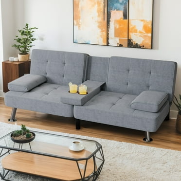 Homall Linen Convertible Futon with Cupholders, Removable Armrests, and Metal Legs, Dark Gray