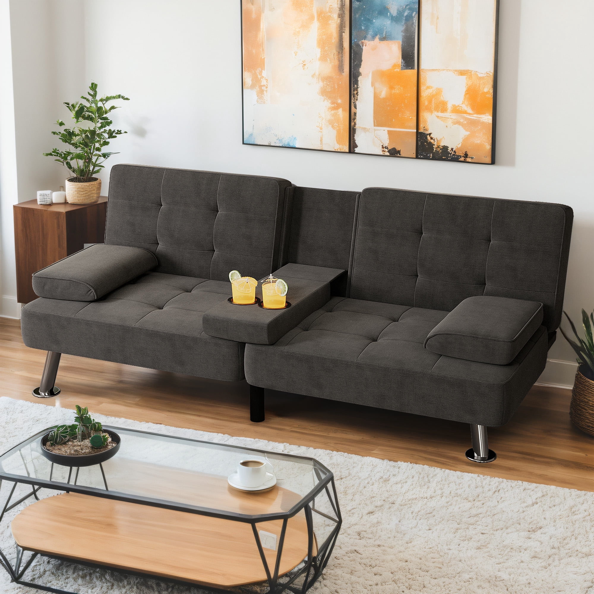 Homall Futon Bed with Cup Holder, Black Linen, Convertible Sofa, Chrome ...