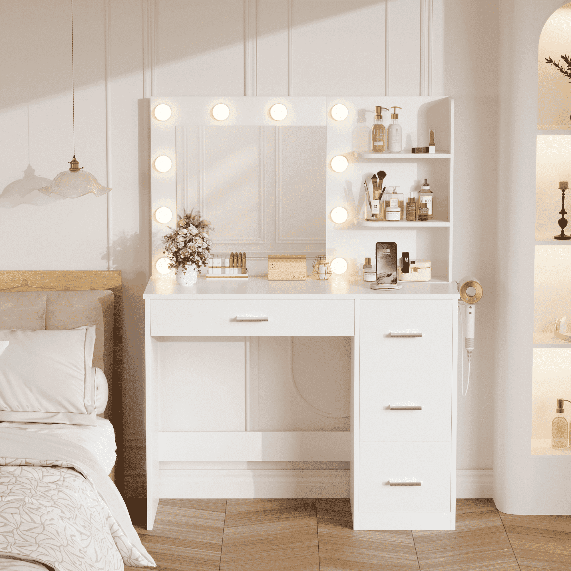 Homall Makeup Vanity Desk with LED Lighted Mirror and Power Outlet, Stylish Functional Vanity Table for with 4 Drawers and 3 Shelves for Bedroom, White