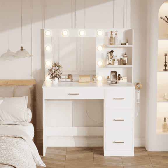 Homall Makeup Vanity Desk with LED Lighted Mirror and Power Outlet, Stylish Functional Vanity Table for with 4 Drawers and 3 Shelves for Bedroom, White