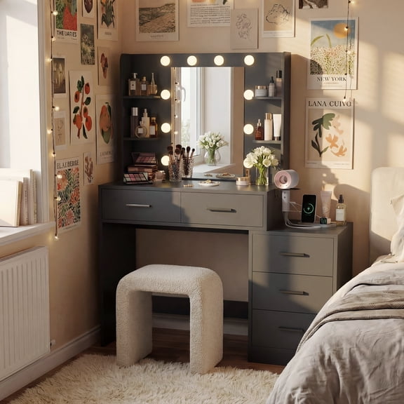 Homall Makeup Vanity Desk with LED Lights, Mirror & Power Outlet, Dressing Table with 4 Shelves and 5 Drawers, Vanity Set & Nightstand for Bedroom, Black