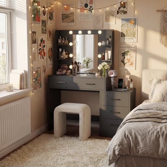 Homall Makeup Vanity Desk with LED Lights, Mirror & Power Outlet, Dressing Table with 4 Shelves and 5 Drawers, Vanity Set & Nightstand for Bedroom, Black