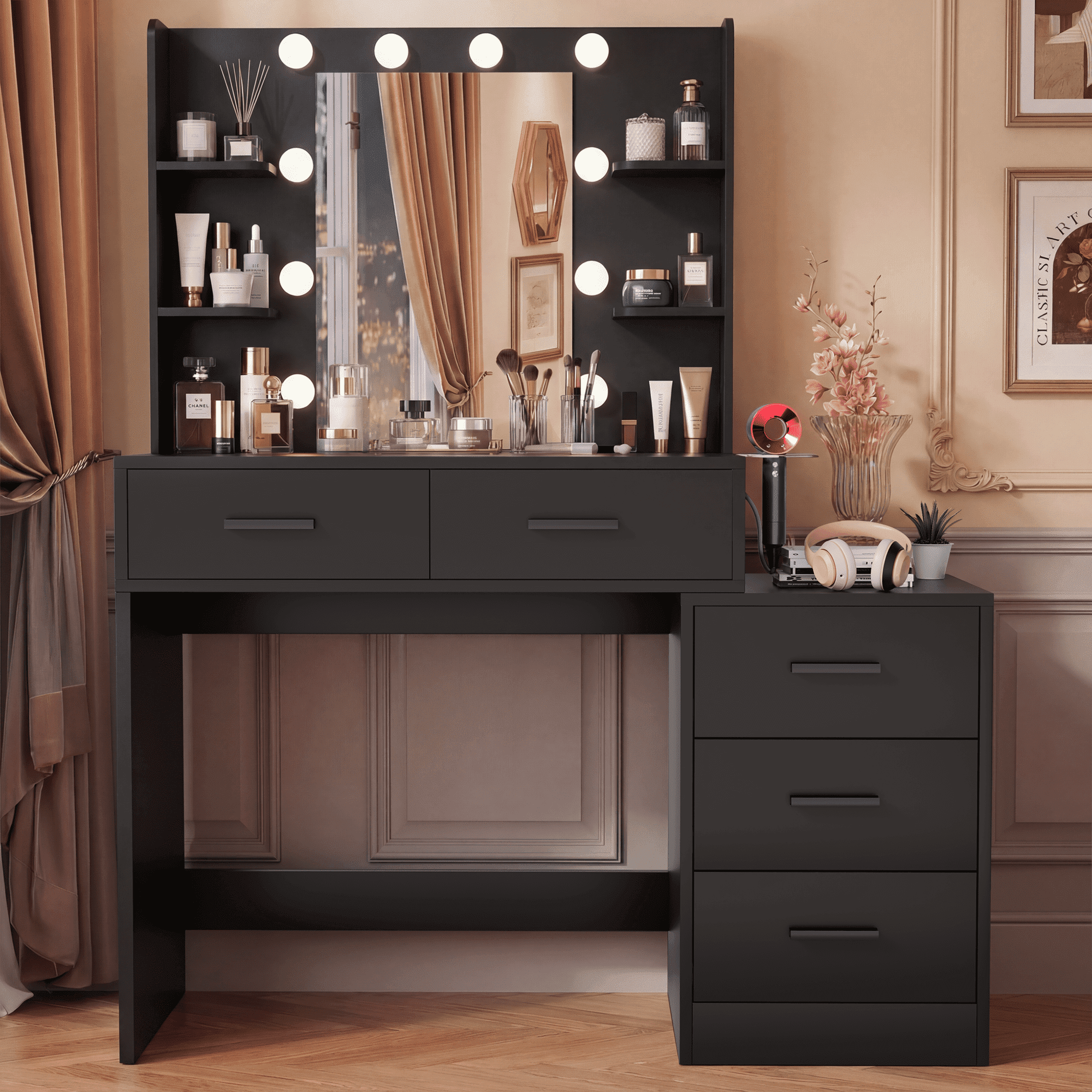 Homall Makeup Vanity Desk with LED Lights, Mirror & Power Outlet, Dressing Table with 4 Shelves and 5 Drawers, Vanity Set & Nightstand for Bedroom, Black
